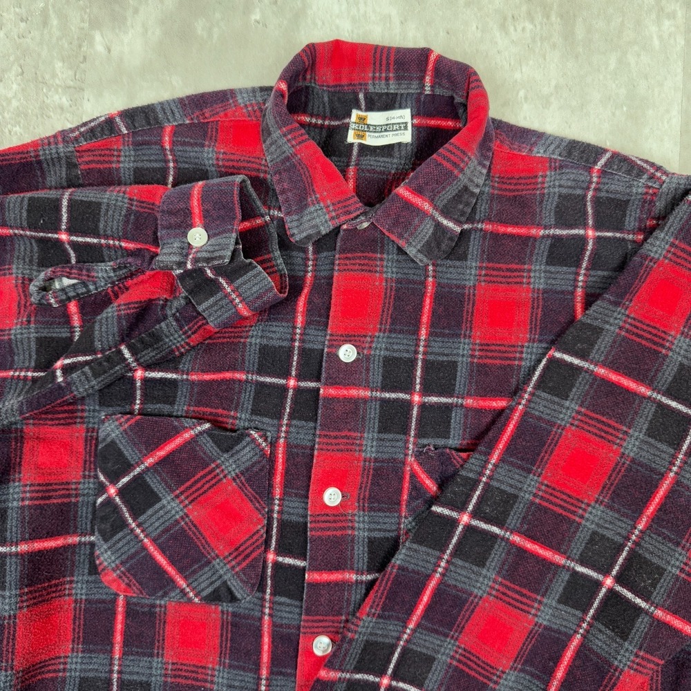 Vintage Kolesport Flannel Shirt Mens S Red Plaid Permanent Press Cotton 60s 70s